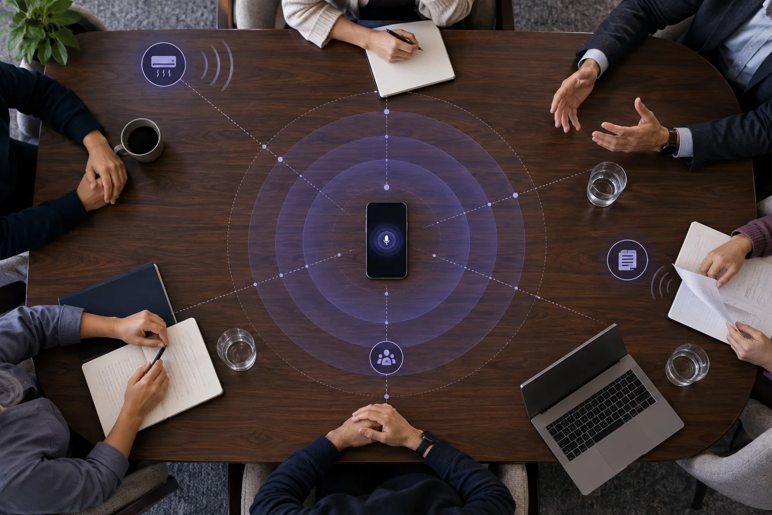 Overhead view of a phone recording six people around a meeting table with sound-radius markers